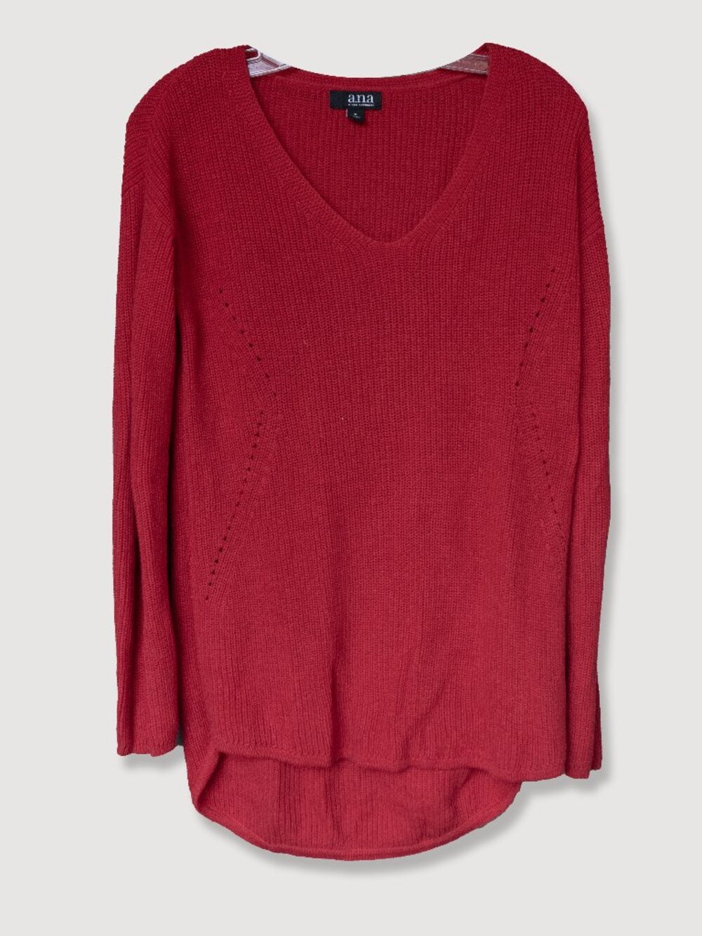 ANA Classic Vee Neck Sweater Tunic Red 100% Cotton Rib Knit Long Sleeve Pull On